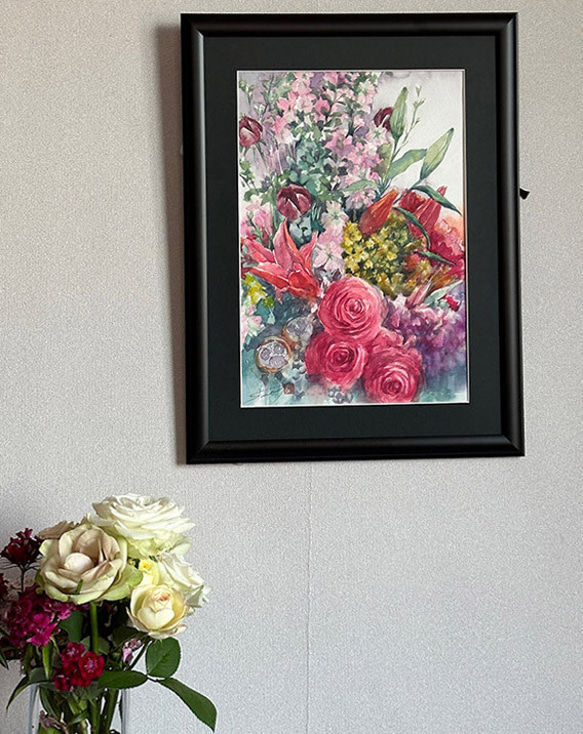 水彩アート「花満開」1点物、手書き真筆。送料無料。 絵画 水彩アート「花満開」1点物、手書き真筆。送料無料。 絵画