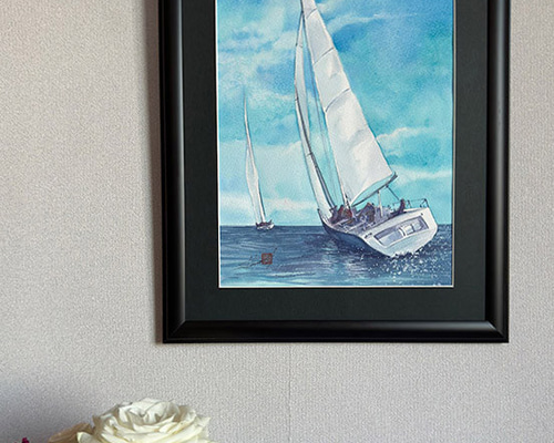 水彩アート「夏空とヨット」1点物、手書き真筆。送料無料。 絵画