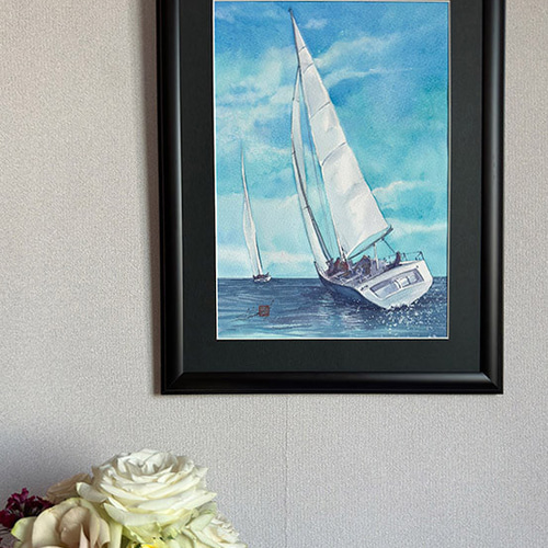 水彩アート「夏空とヨット」1点物、手書き真筆。送料無料。 絵画