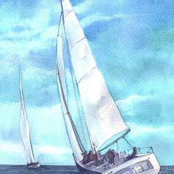 水彩アート「夏空とヨット」1点物、手書き真筆。送料無料。 2枚目の画像