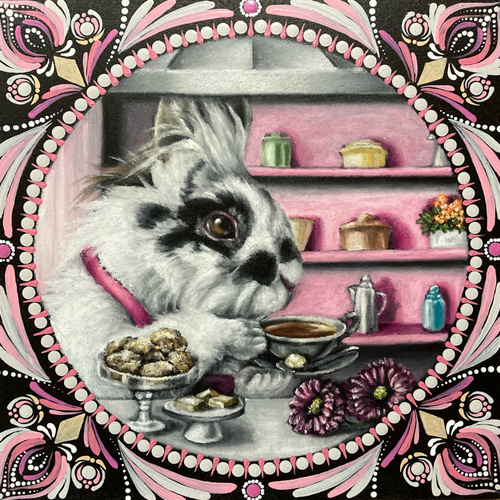 受注制作］［原画］ペット似顔絵アート×マンダラアート◇24cm角 記念日  