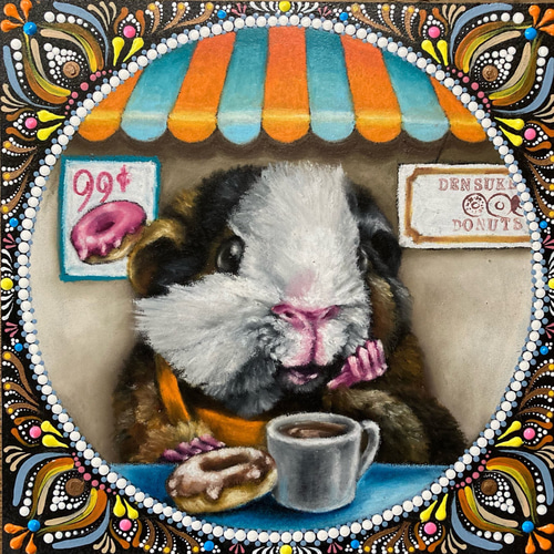 受注制作］［原画］ペット似顔絵アート×マンダラアート◇24cm角 記念日  