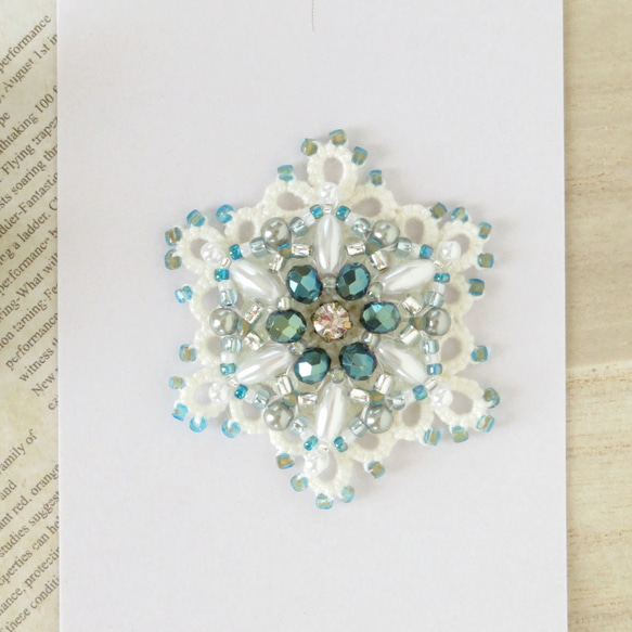 タティングレース×ビーズで紡ぐ青の世界 ～サマースター～ ブローチ/ポニーフック/ヘアゴム 3枚目の画像