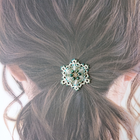 タティングレース×ビーズで紡ぐ青の世界 ～サマースター～ ブローチ/ポニーフック/ヘアゴム 4枚目の画像