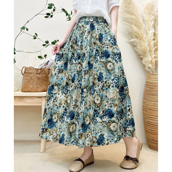 夏 ブルー 花柄 スカート レディース A ライン ハイウエスト 綿 リネン フレア スカート T-00001 5枚目の画像