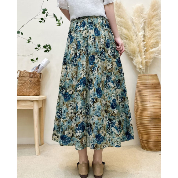 夏 ブルー 花柄 スカート レディース A ライン ハイウエスト 綿 リネン フレア スカート T-00001 6枚目の画像