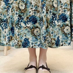 夏 ブルー 花柄 スカート レディース A ライン ハイウエスト 綿 リネン フレア スカート T-00001 13枚目の画像