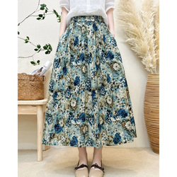 夏 ブルー 花柄 スカート レディース A ライン ハイウエスト 綿 リネン フレア スカート T-00001 3枚目の画像