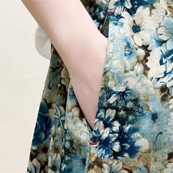 夏 ブルー 花柄 スカート レディース A ライン ハイウエスト 綿 リネン フレア スカート T-00001 10枚目の画像