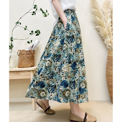 夏 ブルー 花柄 スカート レディース A ライン ハイウエスト 綿 リネン フレア スカート T-00001 1枚目の画像