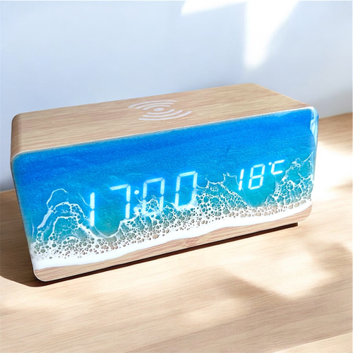 置き時計 デジタル【100】レジンアート 海 インテリア USB時計 木目 が  