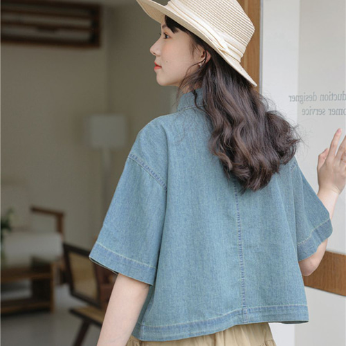 【25％OFF】 春夏 シャツ ブラウス 半袖 体型カバー ユニセックス デニム シャツ/ブラウス(半袖/袖なし)