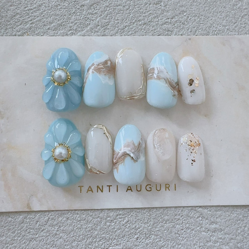 オーダーネイルチップNo.67 夏 海 キラキララメ 貝殻ヒトデパーツ P117