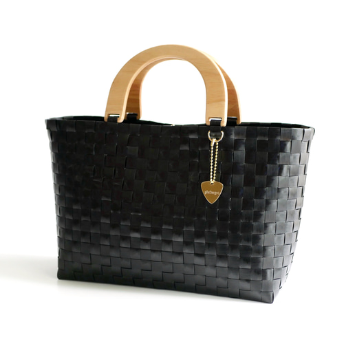 ブラック　かごバッグ 希少品 25cm 天然木ハンドルのプラカゴバッグ Lサイズ ブラック 2WAYプラカゴバッグ