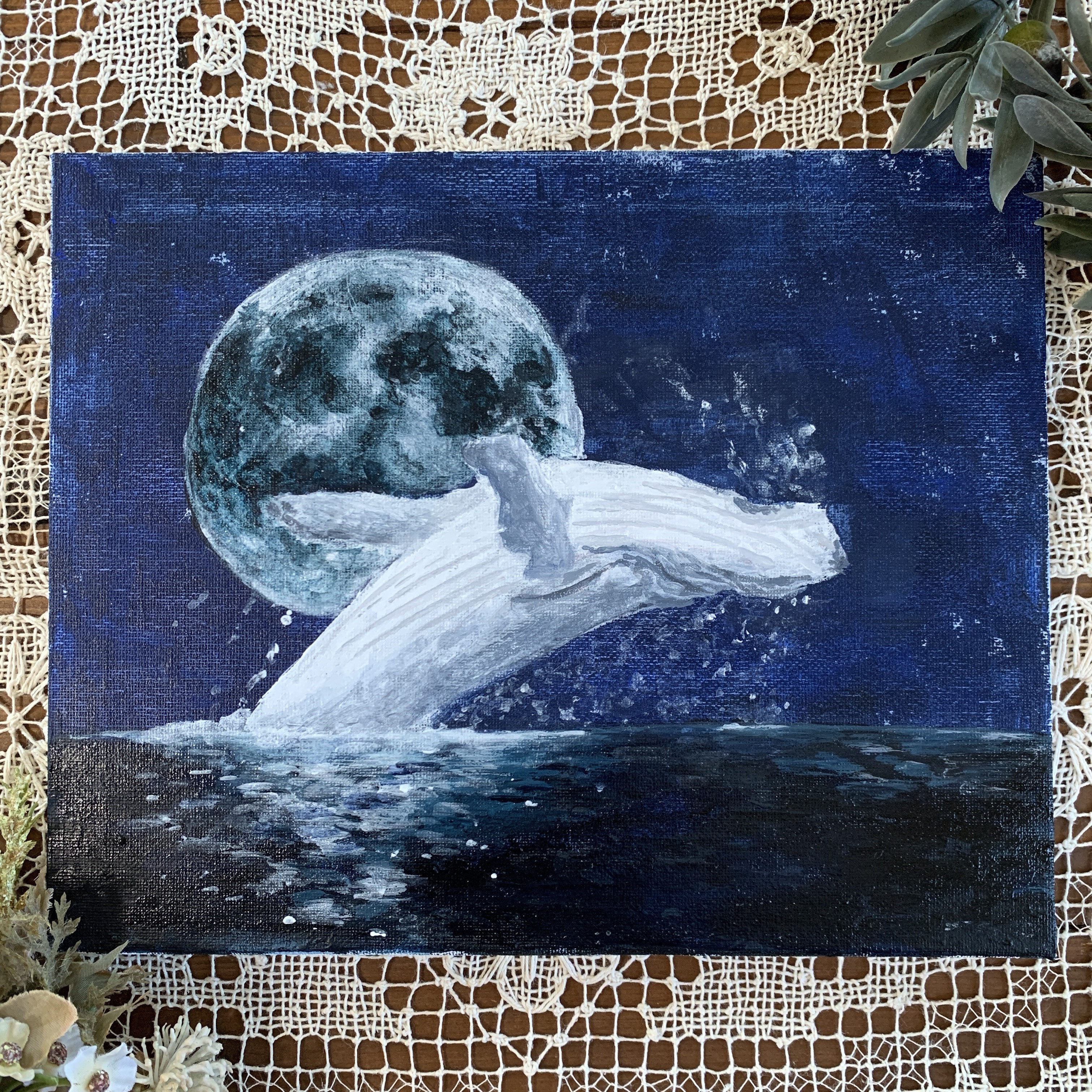 真冬の夜の海】アクリル画 F3 風景画 絵画 海の絵