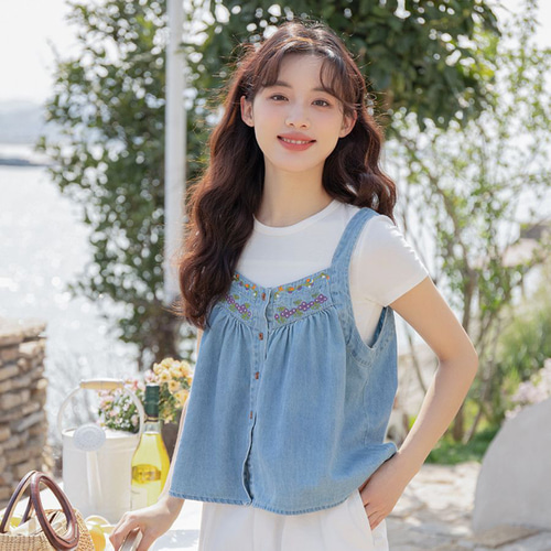 テープ刺繍 チュール 前後2way キャミソール ビスチェ ( セットアップ 可) 刺繍入りキャミソール2枚セット