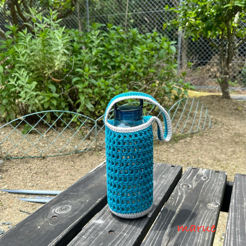 ハンドメイド＊ポカリスエットボトルケース　水筒カバー＊チェック・ターコイズ オーダー承ります！』ペットボトルカバー ボトルカバー 水筒