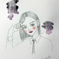 オリジナル手描きイラスト #15 「知的なチェリー」鉛筆画と水彩画のおしゃれな美人画アート B5黒紫ブラック 3枚目の画像