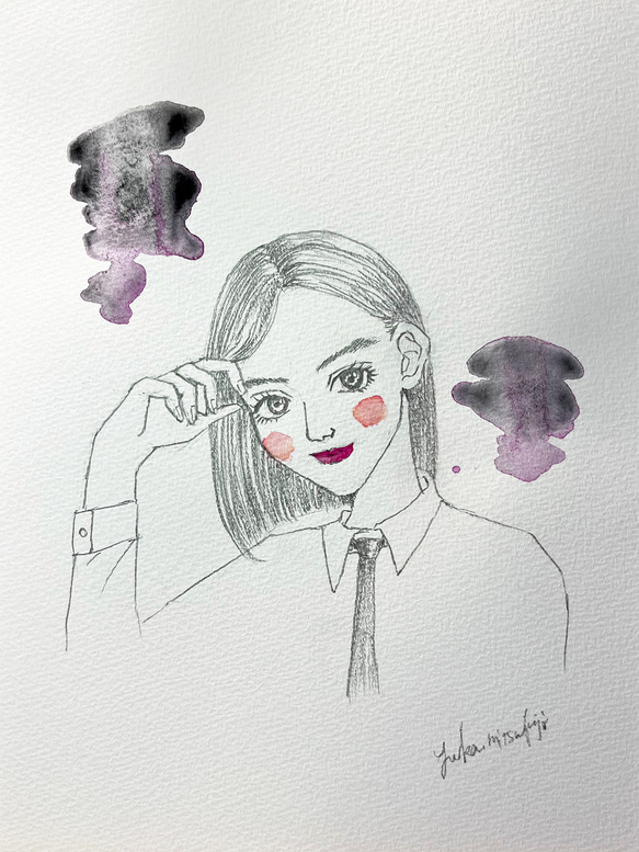 オリジナル手描きイラスト #15 「知的なチェリー」鉛筆画と水彩画のおしゃれな美人画アート B5黒紫ブラック 3枚目の画像
