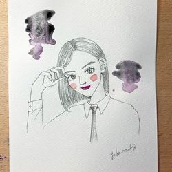 オリジナル手描きイラスト #15 「知的なチェリー」鉛筆画と水彩画のおしゃれな美人画アート B5黒紫ブラック 1枚目の画像