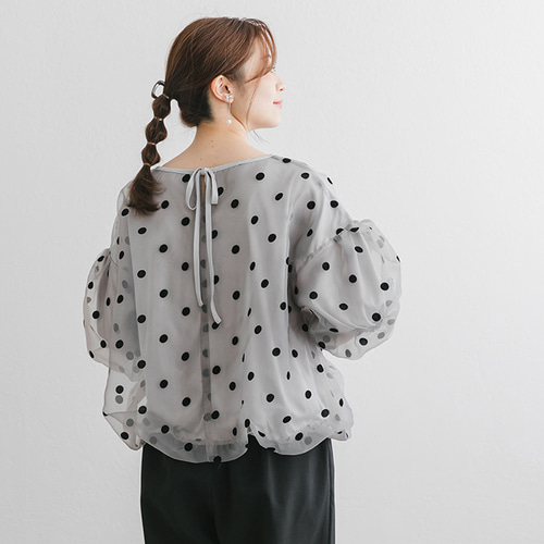 全3色】フロッキードットプリント 半袖 バルーン トップス ブラウス  
