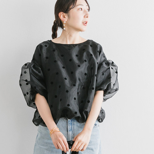 全3色】フロッキードットプリント 半袖 バルーン トップス ブラウス  