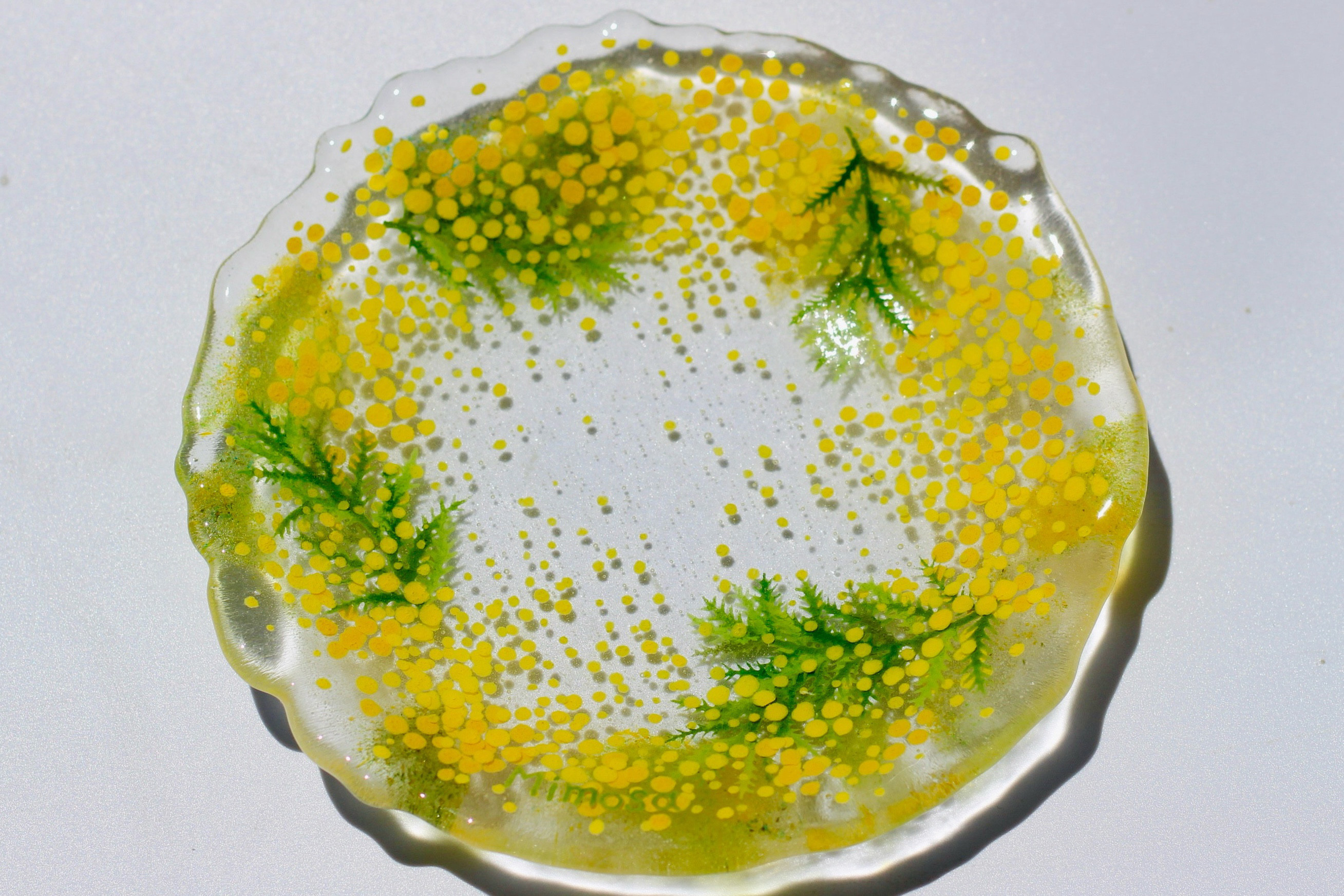 ✨新ミモザリースプレート✨ガラス皿✨敬老の日✨誕生日プレゼント✨母の日✨父の日✨お料理好きな方に✨ミモザ✨