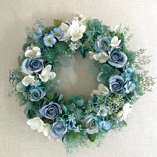 ブルー×グリーン フラワーリース アーティフィシャルフラワー リース  