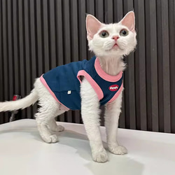 〈オーダーメイド可能〉猫服 犬服 ペット服 ネコ シンプル紺色猫タンクトップ 涼しい 薄手 スフィンクス猫 ベスト 夏 2枚目の画像