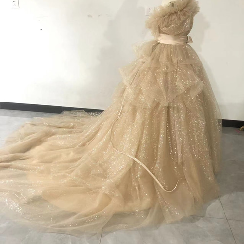 豪華！カラードレス シャンパン色 取り外しオフショルダー キラキラ  