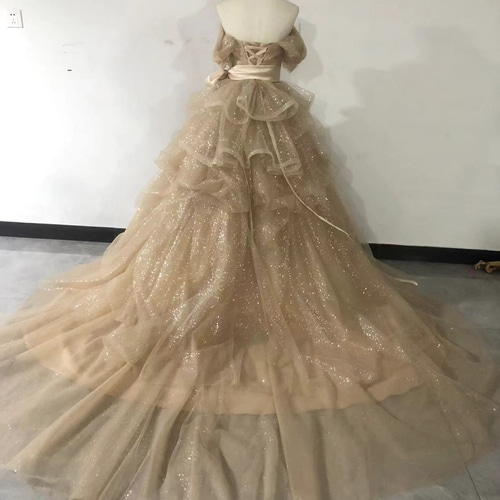 豪華！カラードレス シャンパン色 取り外しオフショルダー キラキラ  