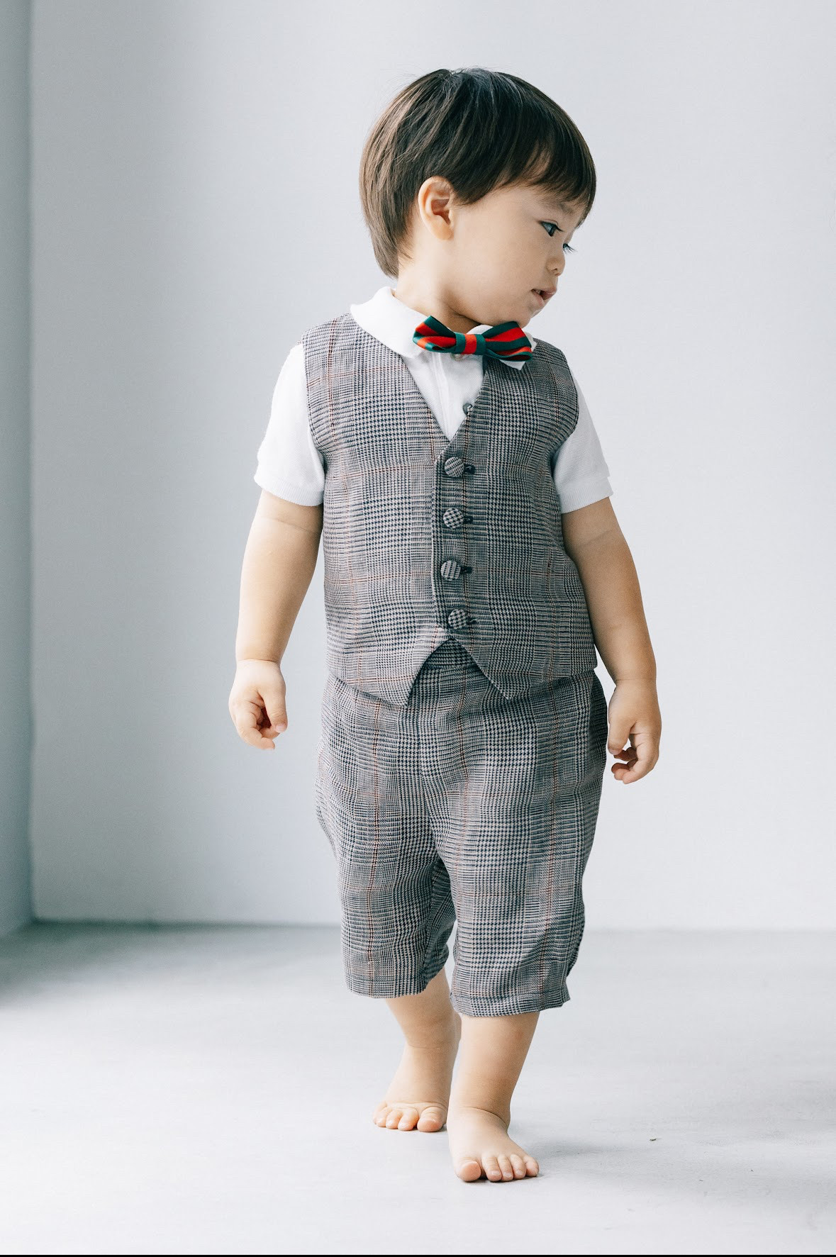 セットアップ　【スーツ】リネングレンチェック　選べる蝶ネクタイ　七五三  ウェディング　入園　70 80 90 100