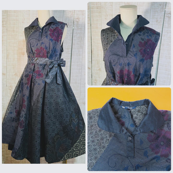 新作＊数種類の正絹大島紬でショールカラーテントラインワンピースM  