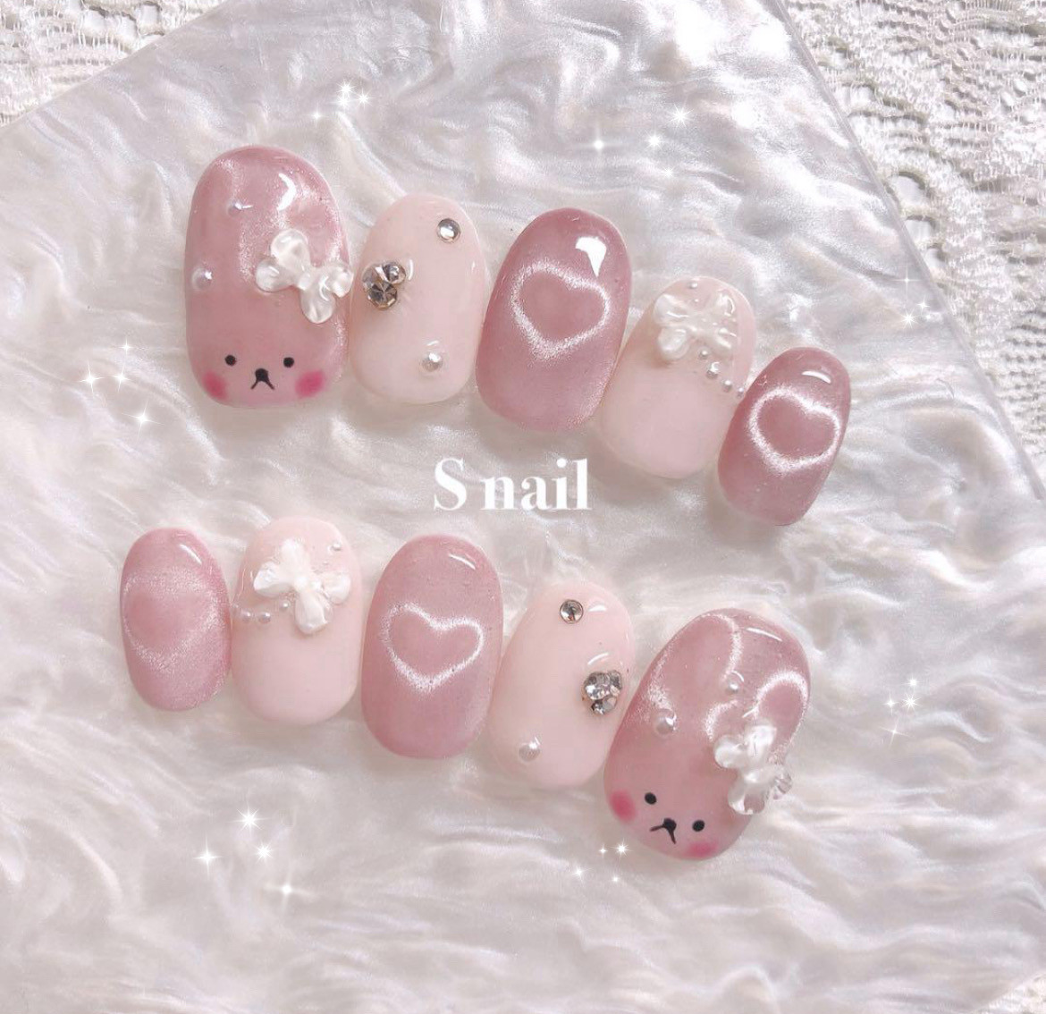 ネイルチップ オーダー ピンク マグネット ガーリー 韓国 ワンホン リボン ネイルチップ フレンチ ガーリー マグネット ピンク 白 韓国