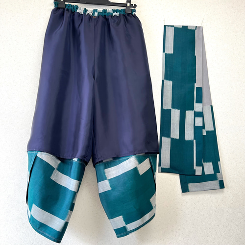 銘仙*青緑サルエルパンツ+ストール*裏地付き*着物リメイク 銘仙*青緑サルエルパンツ+ストール*裏地付き*着物リメイク