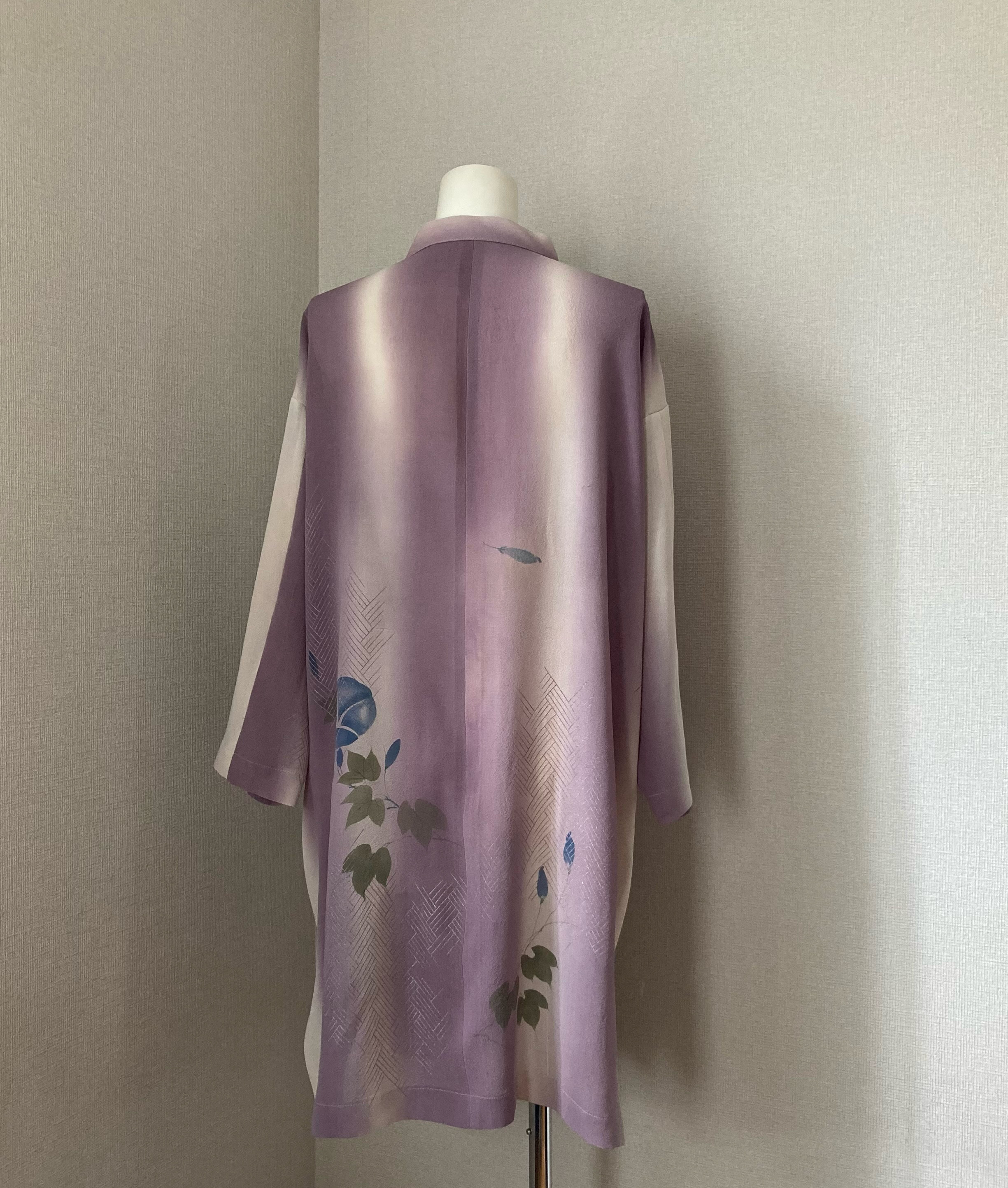着物リメイク　ハンドメイド　ロングコート　涼しげ　絹　紫　朝顔
