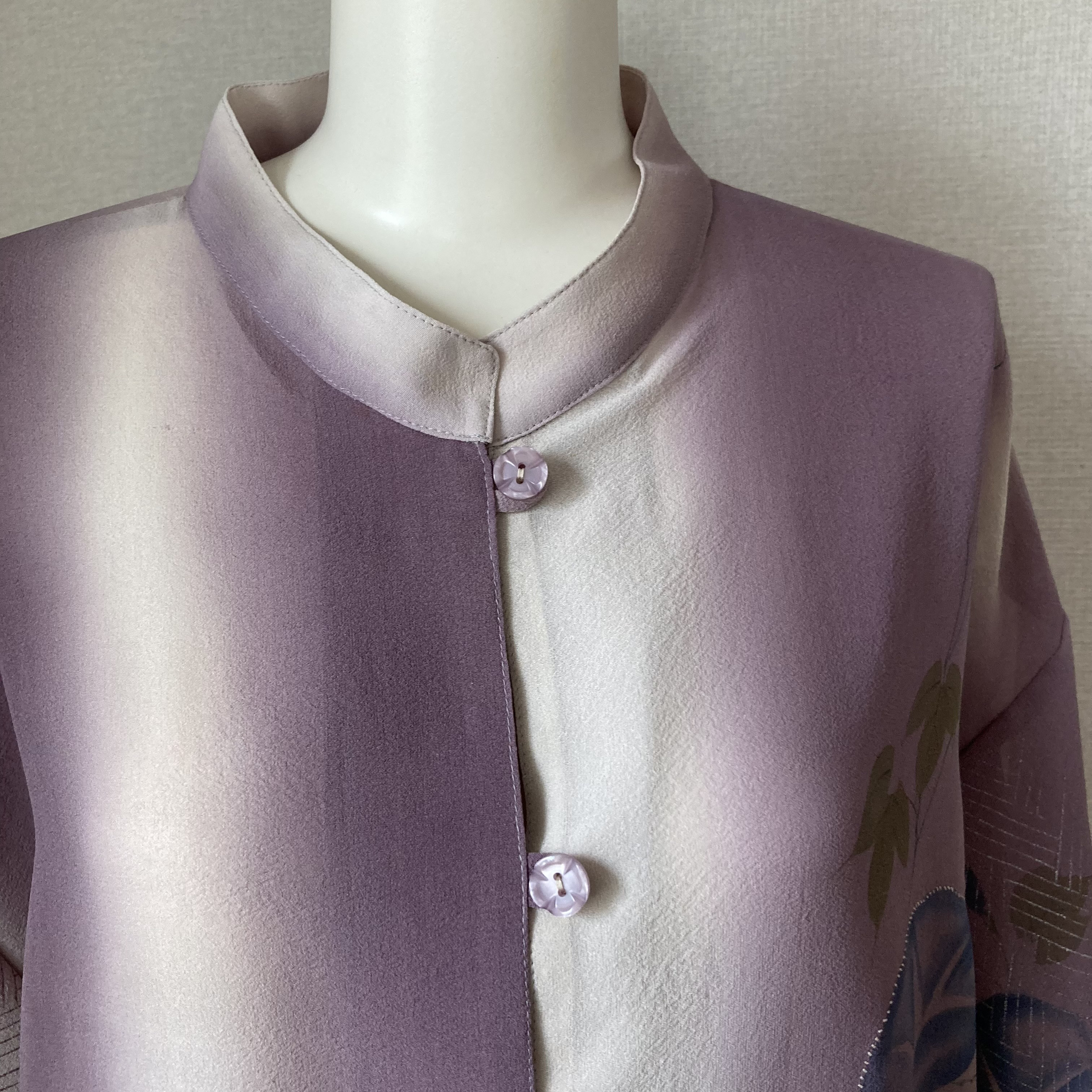 着物リメイク　ハンドメイド　ロングコート　涼しげ　絹　紫　朝顔