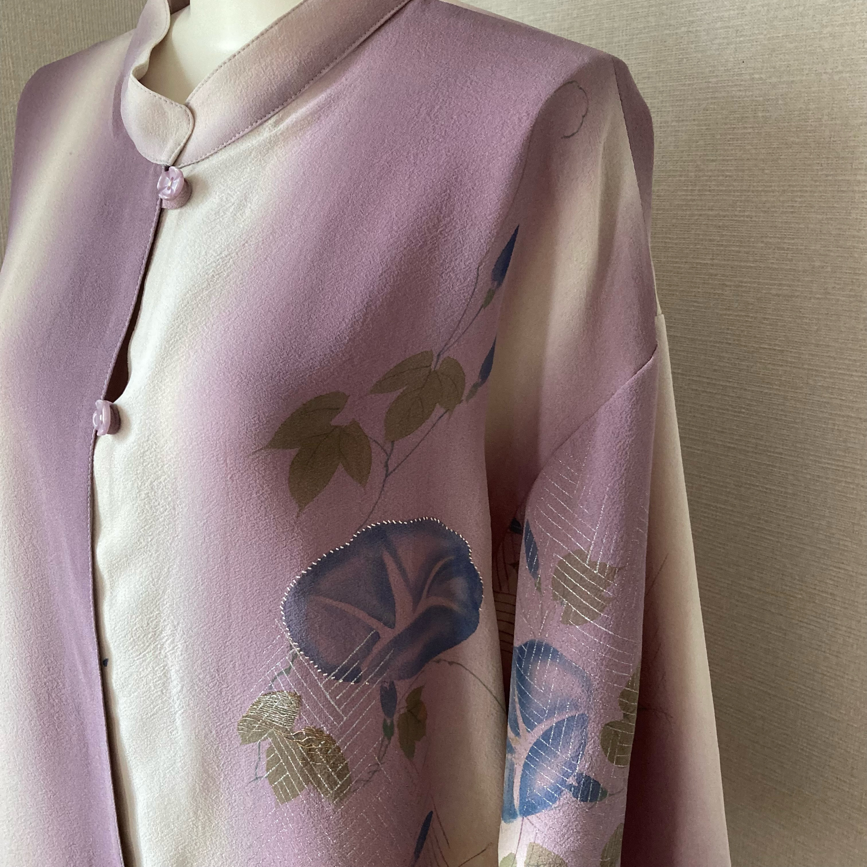 着物リメイク　ハンドメイド　ロングコート　涼しげ　絹　紫　朝顔
