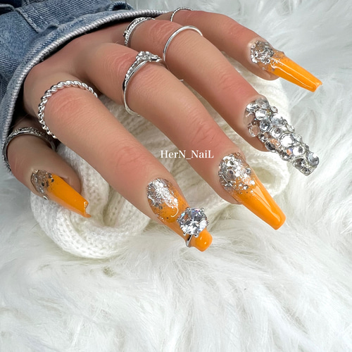 オレンジシルバーラメグラデーションネイルチップ ネイルチップ（つけ