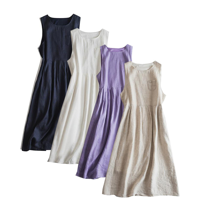 リネンノースリーブワンピース　裏地付きノースリーブワンピース　4色　M-L　L369