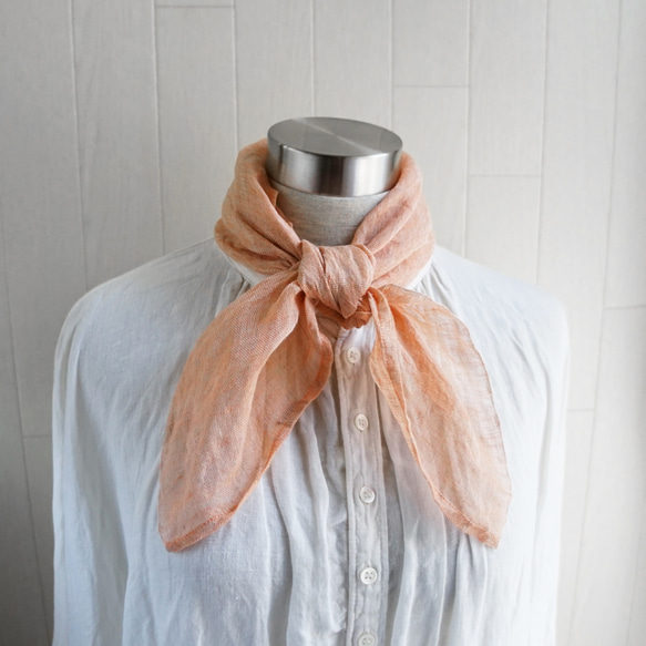 Decoオリジナル　上質リネン シングルガーゼのハンカチ/スカーフ　オレンジ×亜麻色 4枚目の画像