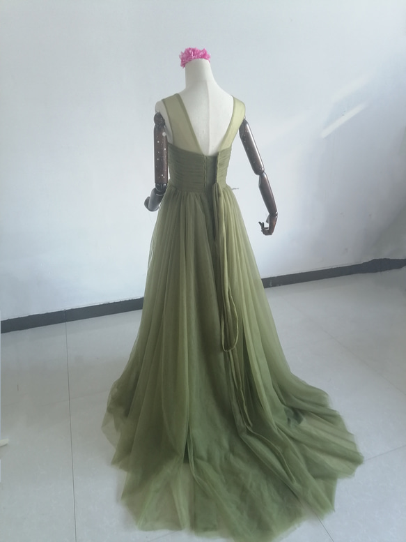 憧れのドレス グリーン オリーブカーキカラードレス ソフトチュール ファスナー /花嫁/結婚式 10枚目の画像
