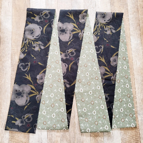 半幅帯】和洋折衷「花」に「華」/黒 緑 ブラック グリーン 刺繍