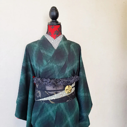 半幅帯】和洋折衷「花」に「華」/黒 緑 ブラック グリーン 刺繍