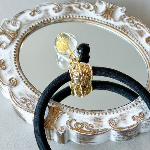 モリオン 黒水晶 髪ゴム お守り フラワーオブライフ水晶 ヘアゴム やく