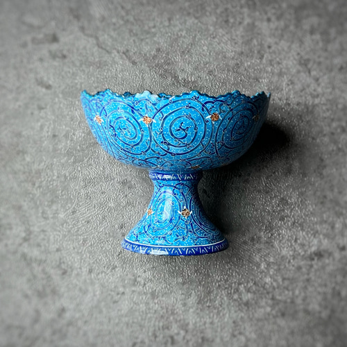 ペルシャのエナメル皿 脚付き器 ターコイズ L Φ12cm 高坏 コンポート