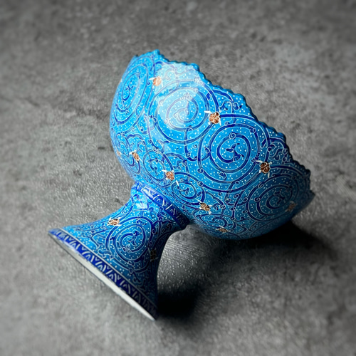 ペルシャのエナメル皿 脚付き器 ターコイズ L Φ12cm 高坏 コンポート