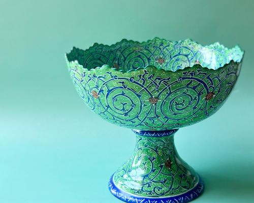 ペルシャ　エナメル皿 アクセサリートレイ エスニック　皿 ペルシャのエナメル皿 脚付き器 エメラルド L Φ12cm 高坏 コンポート