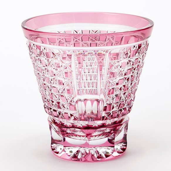 江戸切子の店　金赤（ピンク色）被せクリスタルガラスロックグラス 1枚目の画像
