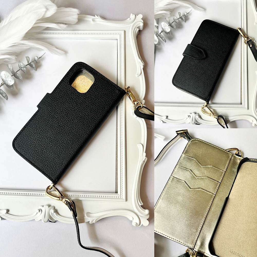 手帳型スマホケース　レザー　ショルダー付き　　IPHONEケース　black+lightgold